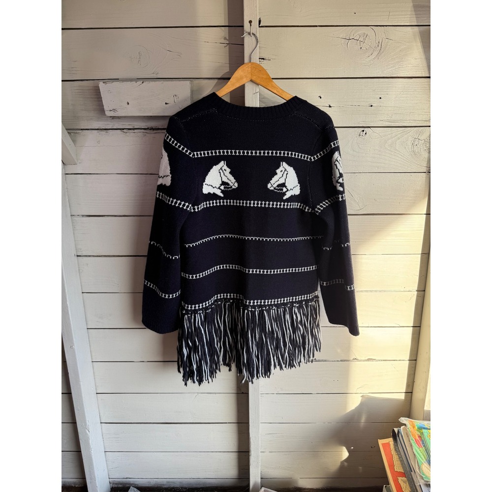 Commense Black White Horse Intarsia Fringe Cardigan Wool Blend Sweater Womens M - Picture 7 of 8